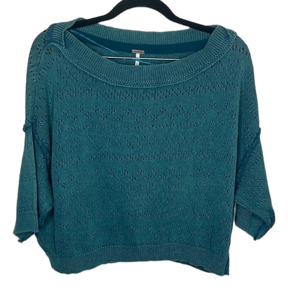 Free People Teal Sandcastle Pointelle Knit Cropped Sweater Women's Size XS - Picture 1 of 5